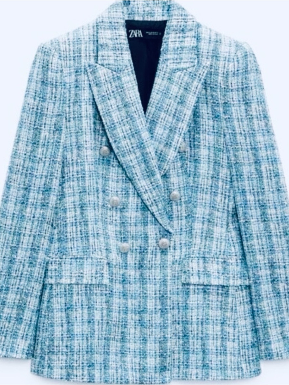 Zara Blue Tweed Double-Breasted Blazer